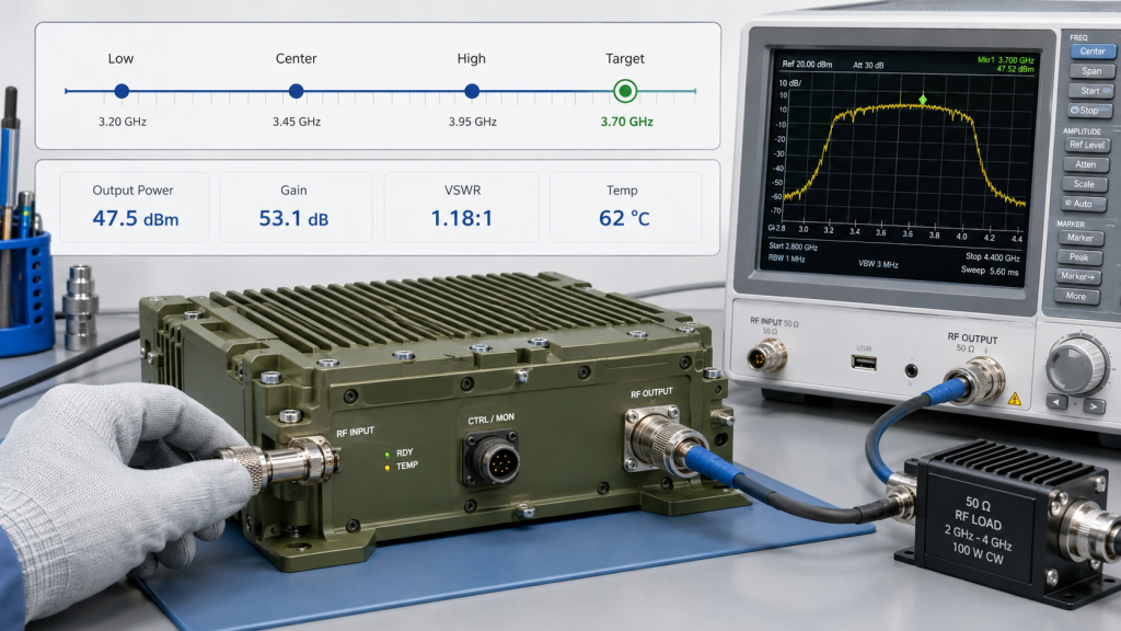 RF PA operating window showing low, center, high, and target frequency verification with output power, gain, VSWR, and temperature