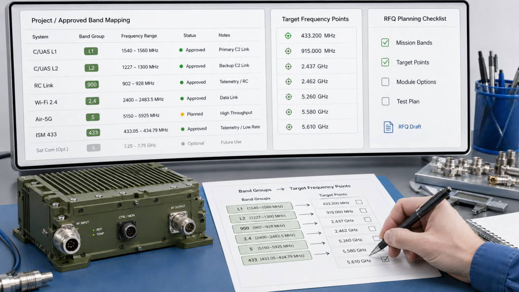 Project-approved C-UAS band mapping with target frequency points for RF PA module selection and RFQ planning