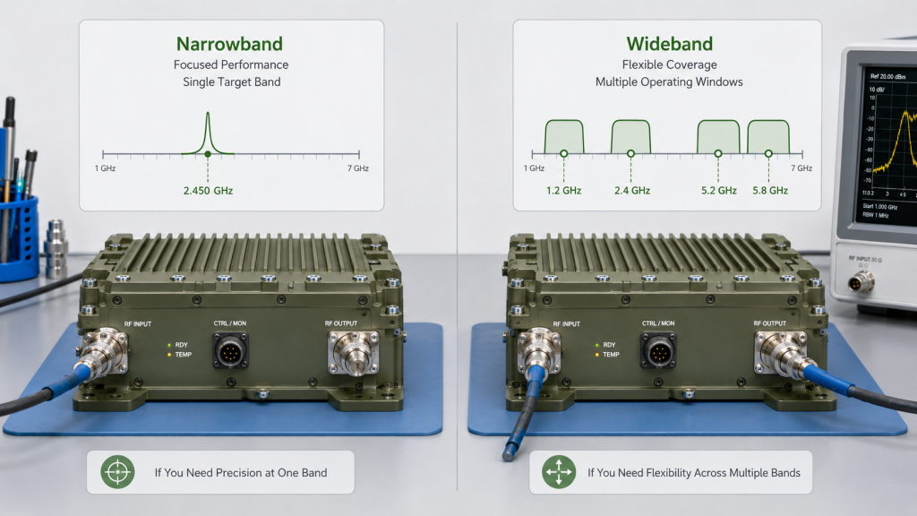 Narrowband and wideband RF PA module selection based on fixed target bands or multiple operating windows
