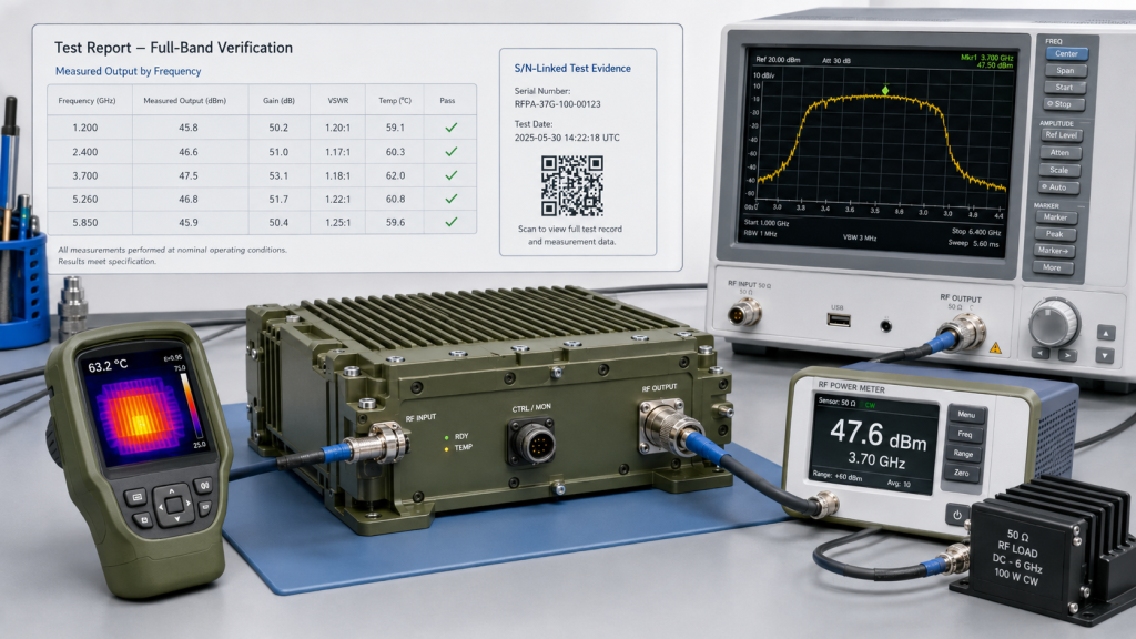 S/N-linked full-band RF PA test report showing target frequency output, gain, VSWR, temperature, and pass status