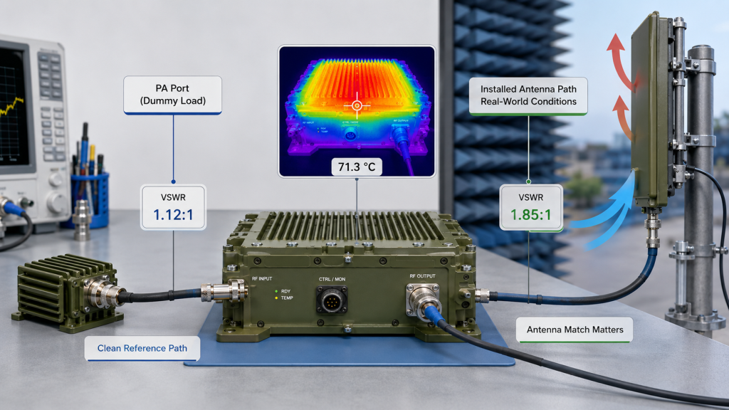 Antenna match and thermal impact comparison between PA port dummy load testing and installed antenna path