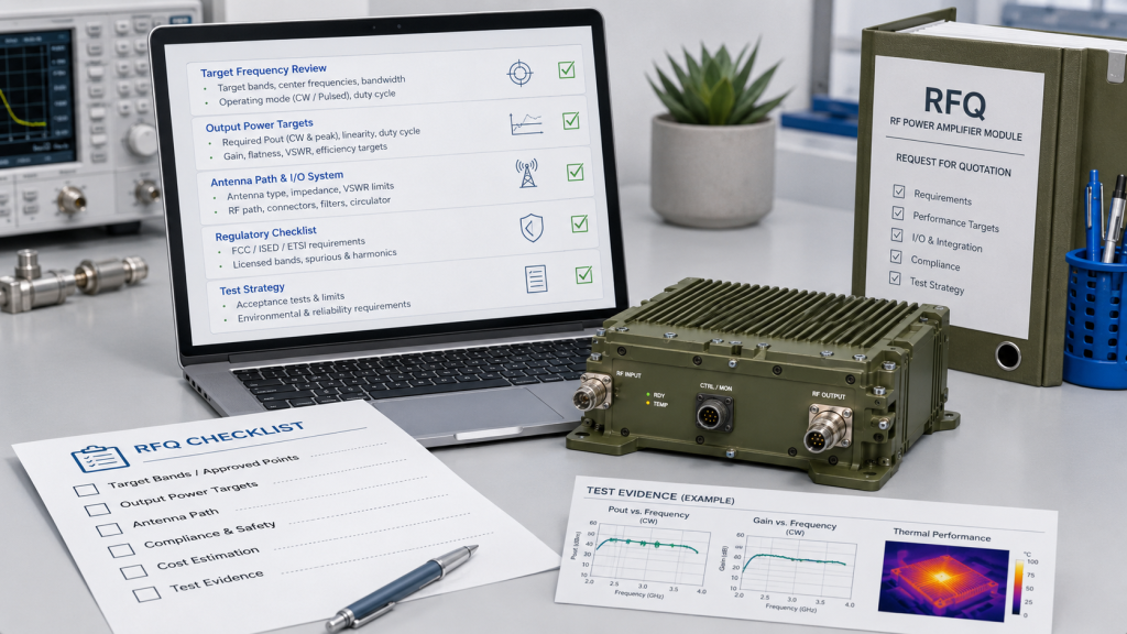RFQ package for RF PA frequency range review with target frequency points, output power reference, antenna path, and test evidence
