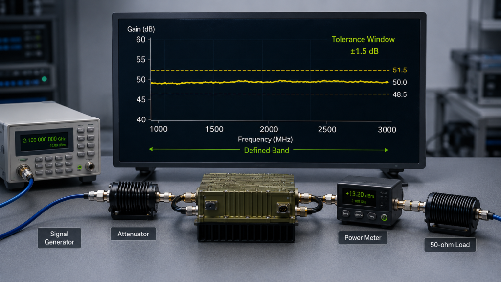 RF PA operating window showing low, center, high, and target frequency verification with output power, gain, VSWR, and temperature