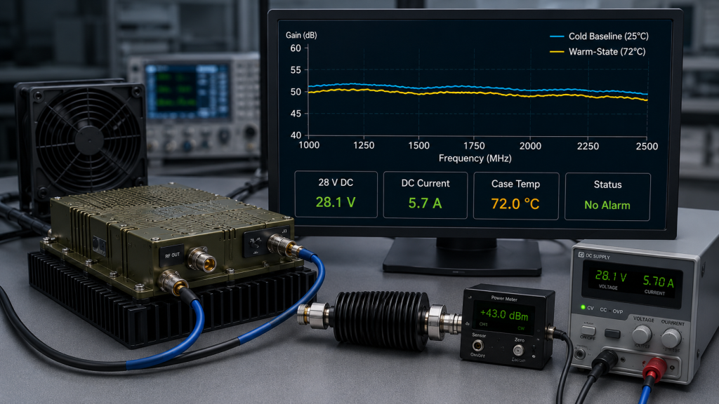S/N-linked full-band RF PA test report showing target frequency output, gain, VSWR, temperature, and pass status