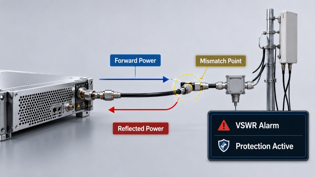 RF PA VSWR alarm caused by reflected power from a mismatch point in the installed antenna path