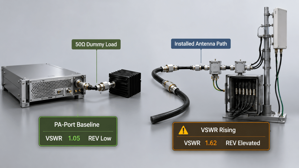 Dummy load baseline compared with installed antenna path VSWR and reflected power behavior