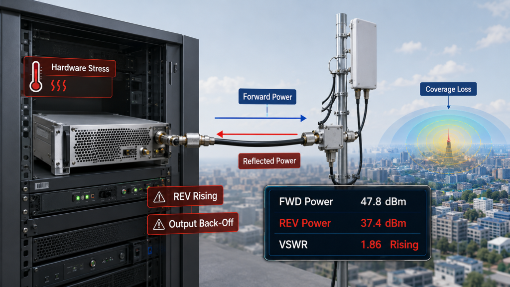 Reflected power creating RF PA hardware stress, output back-off, and antenna coverage loss