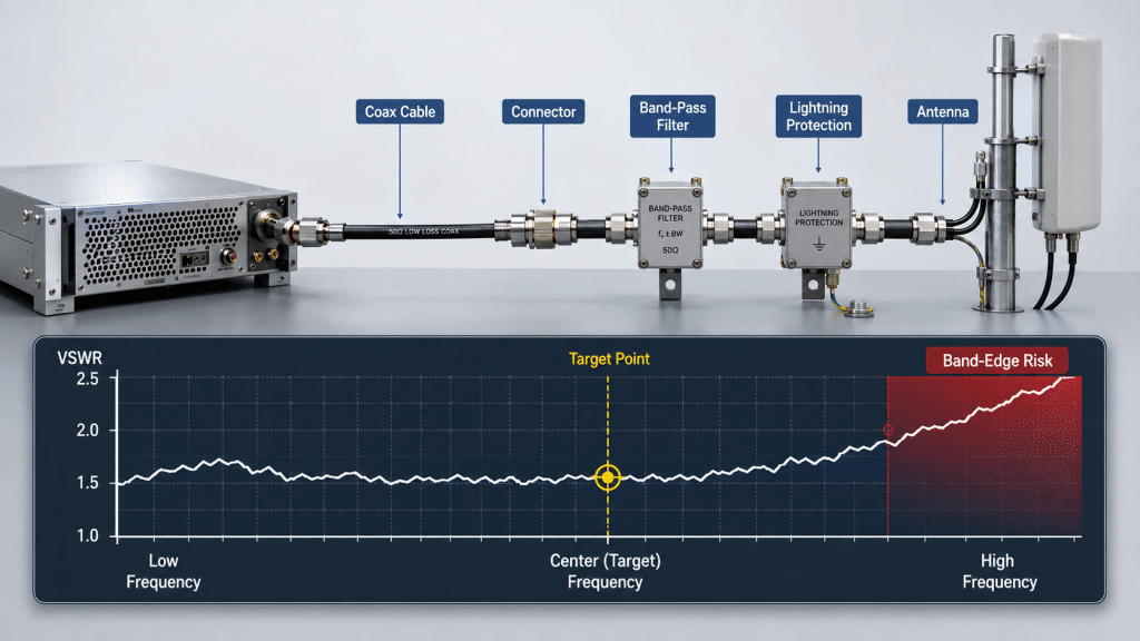 Wideband RF path VSWR check showing low, center, high, and band-edge risk points