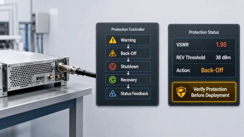 RF PA VSWR protection status showing warning, back-off, shutdown, recovery, and status feedback