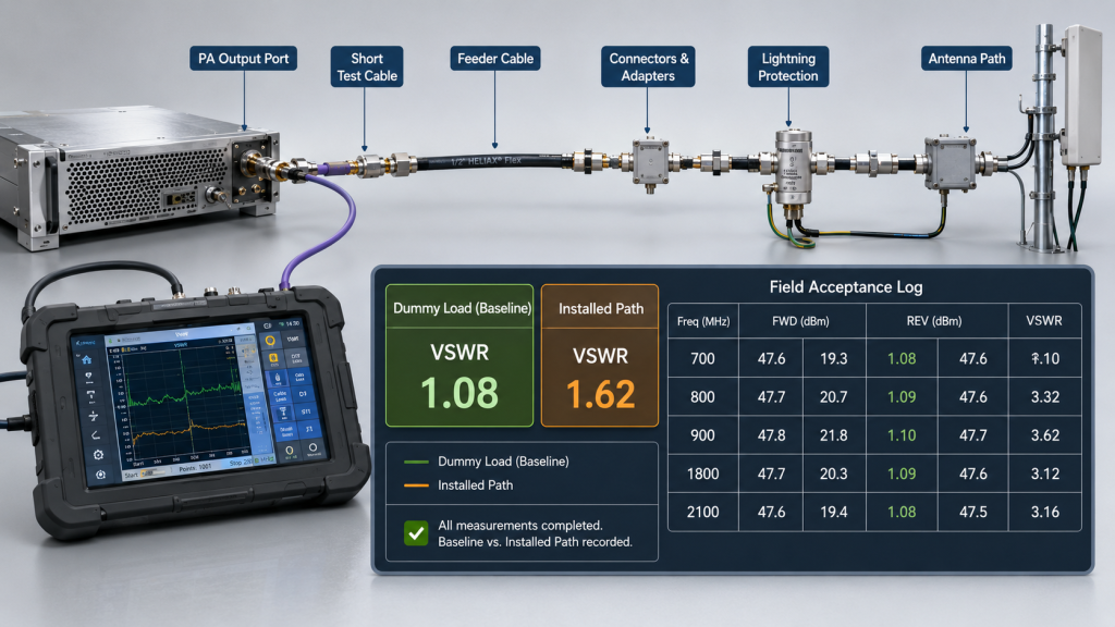RF chain field acceptance log comparing dummy load baseline with installed antenna path VSWR
