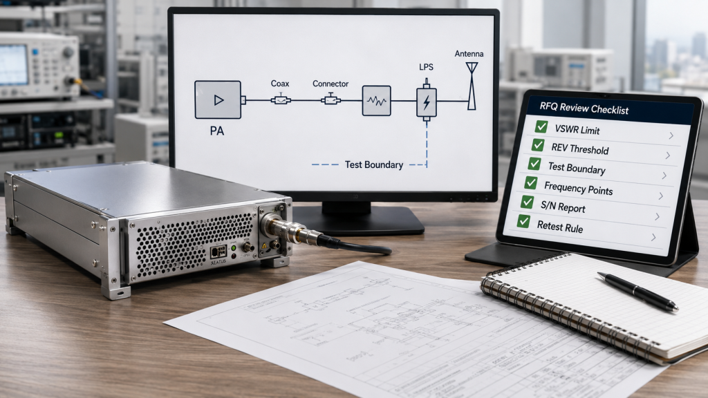 RFQ review checklist for RF PA VSWR limit, reflected power threshold, test boundary, and retest rule
