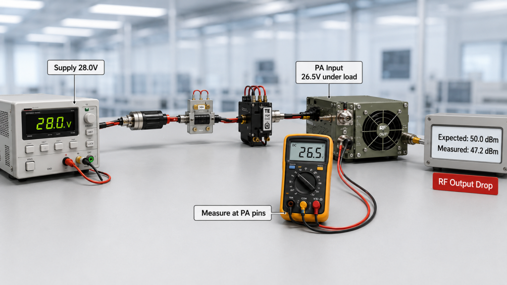 RF PA output drop caused by PA input voltage falling under load even when the supply shows 28V