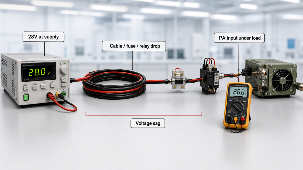 28V supply path showing cable, fuse, and relay voltage drop before the PA input under RF load