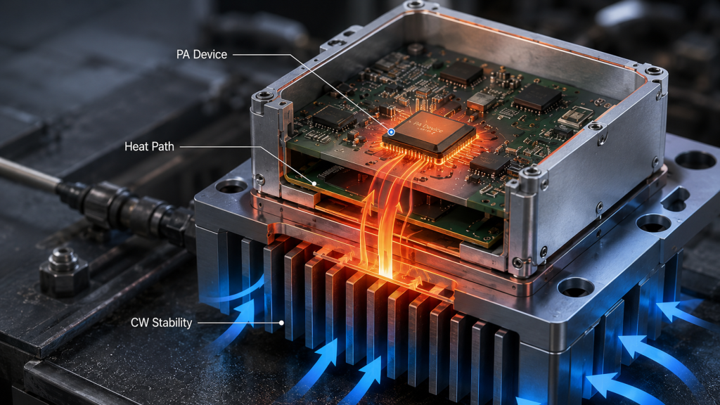 RF Power Amplifier thermal stability affected by efficiency, DC power demand, heat sink burden, airflow, and continuous duty operation