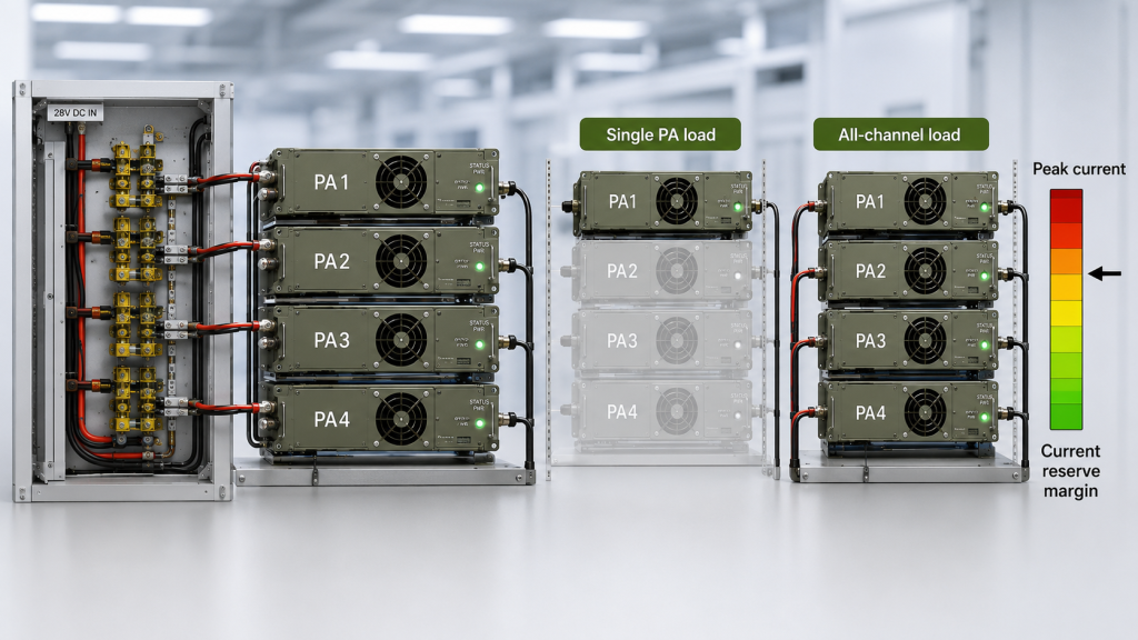 Multi-channel RF PA current reserve comparison between single PA load and all-channel load
