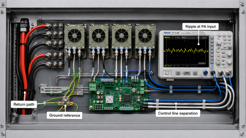 RF PA cabinet layout showing DC ripple, return path, ground reference, and control line separation