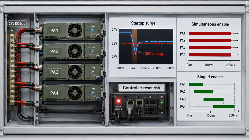 RF PA startup surge and shared 28V DC bus sag during simultaneous enable versus staged enable