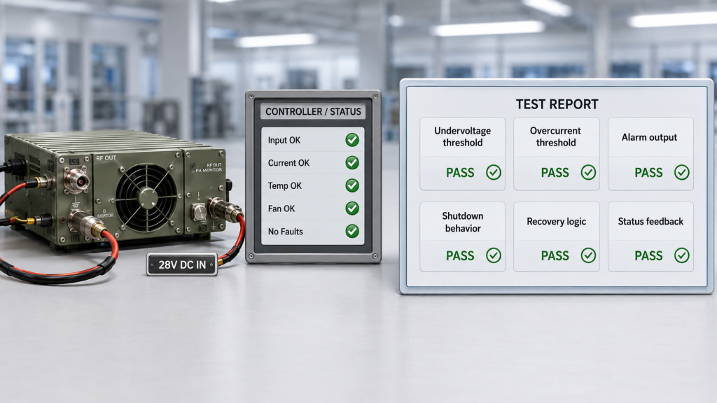 RF PA power-chain protection test report showing undervoltage, overcurrent, alarm output, recovery logic, and status feedback
