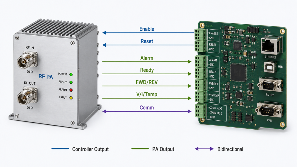 RF PA control interface signal direction for enable, reset, alarm, feedback, and communication