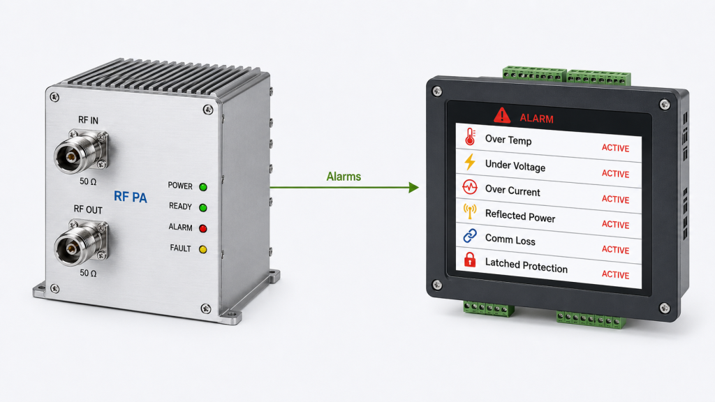 RF PA alarm signal decoding for over temperature, voltage, current, reflected power, communication loss, and protection