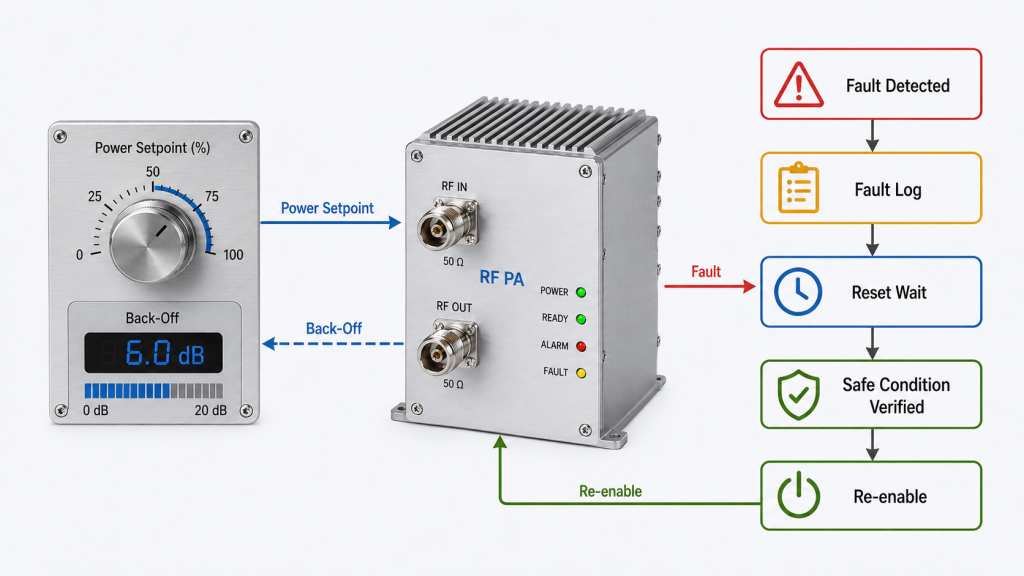 RF PA power control and reset logic after fault detection, logging, safe verification, and re-enable