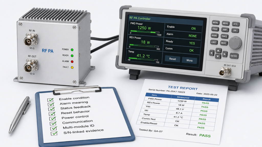 RF PA control interface RFQ review checklist with S/N-linked test evidence