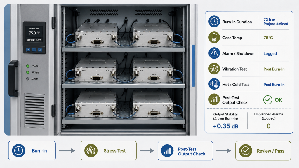 RF PA burn-in and environmental stress test showing project-defined duration, case temperature, alarm log, vibration check, and post-test output review