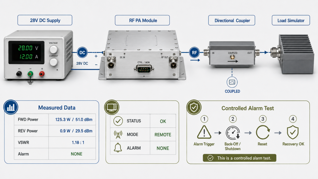 RF PA DC input, VSWR response, reflected power, controlled alarm trigger, back-off, reset, and recovery test setup