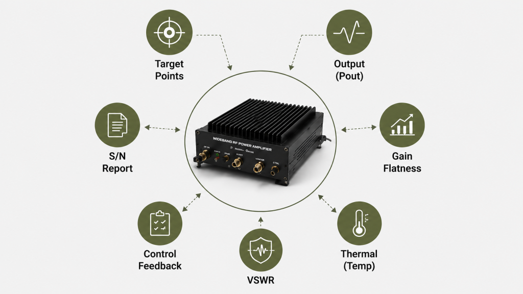 Wideband RF PA performance evidence covering target points, output power, gain flatness, VSWR, thermal behavior, control feedback, and S/N report