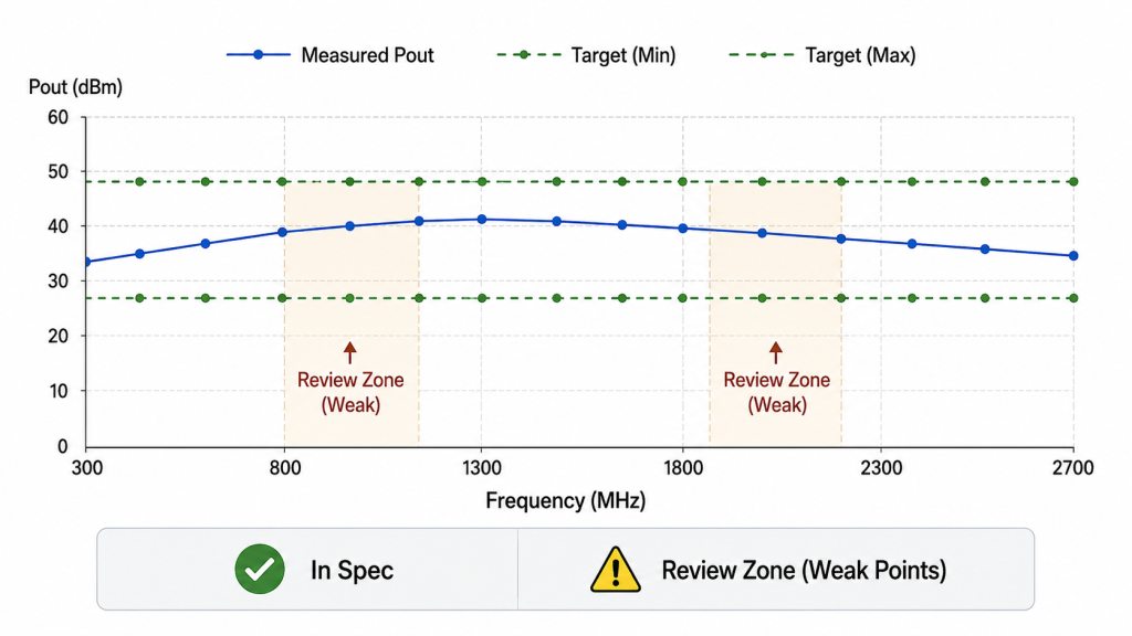 300–2700 MHz wideband RF PA target-point performance chart showing measured output and review zones