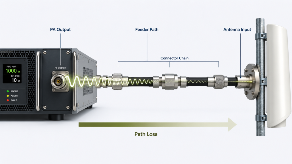 Diagram showing PA output, feeder path, connector chain, antenna input, and path loss in an installed RF PA system