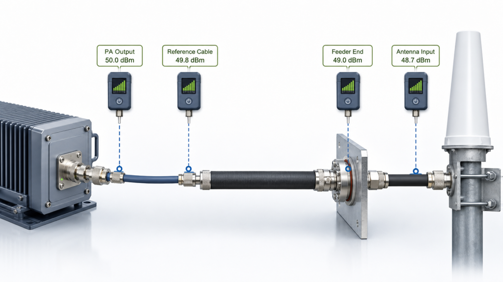 RF PA measurement points compare PA output, reference cable, feeder end, and antenna input power before acceptance