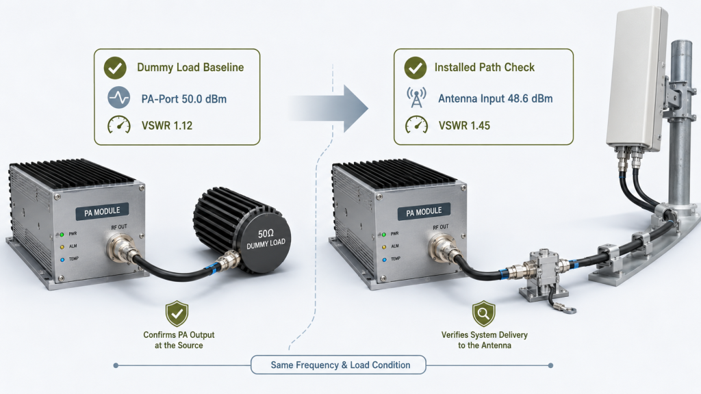 Dummy load baseline and installed path check compare PA-port output with antenna input power and VSWR