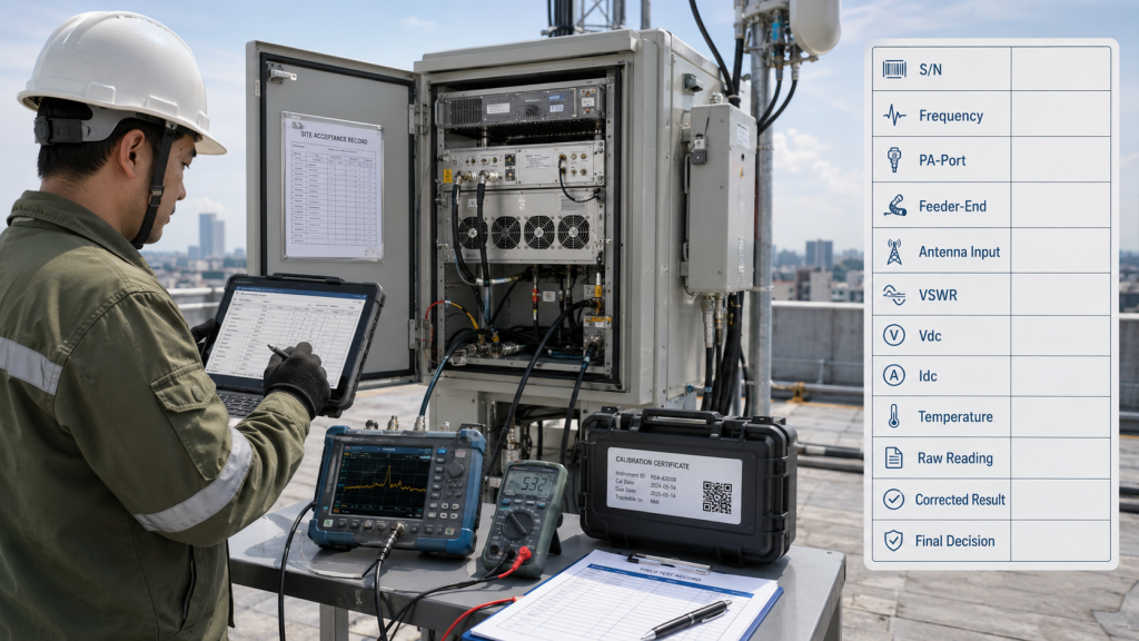 Field technician records RF PA feeder-end output, VSWR, voltage, current, temperature, and final acceptance decision