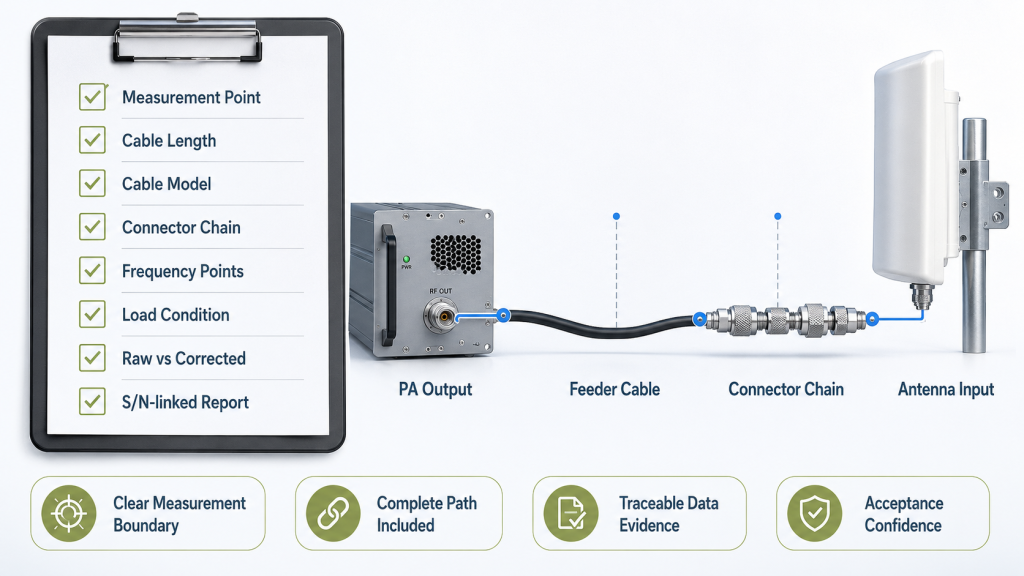 RF PA feeder loss RFQ and acceptance checklist covering measurement point, cable length, connector chain, frequency points, and S/N-linked report