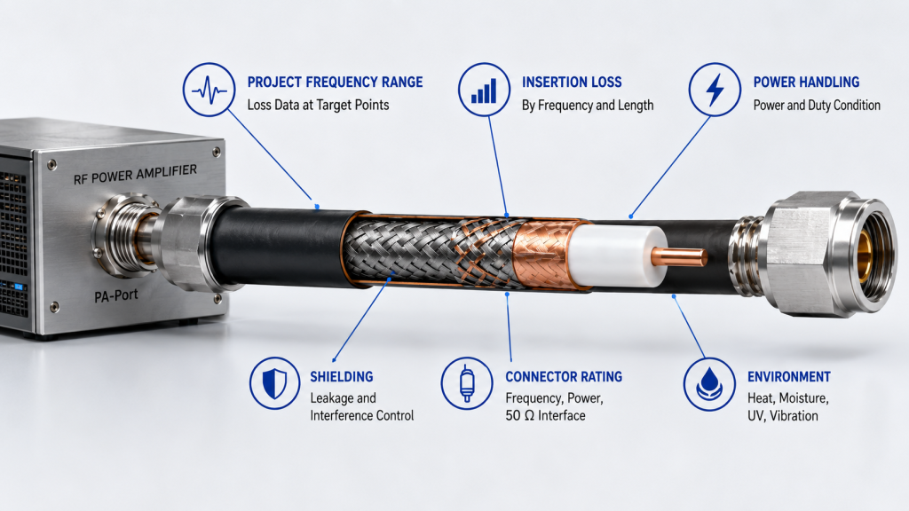 RF PA cable grade selection based on frequency, insertion loss, power handling, shielding, connector rating, and environment
