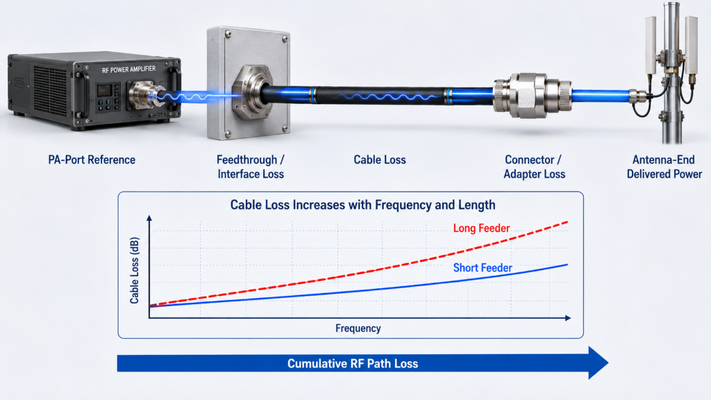 RF PA feeder cable loss increasing with frequency and installed cable length