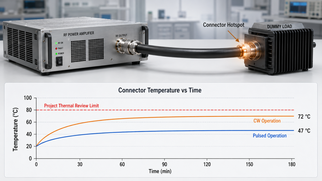 RF PA cable connector temperature comparison during CW and pulsed operation
