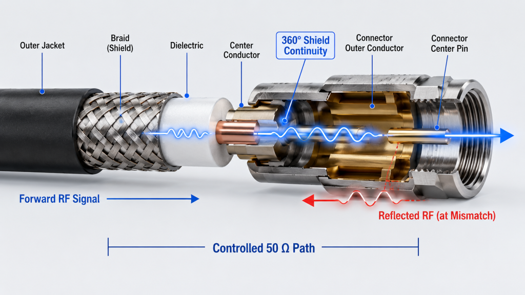 Coaxial cable shielding, connector construction, and controlled 50-ohm RF path