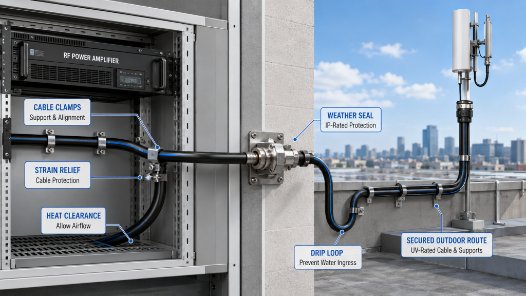 RF PA cable routing with strain relief, weather sealing, drip loop, and outdoor supports