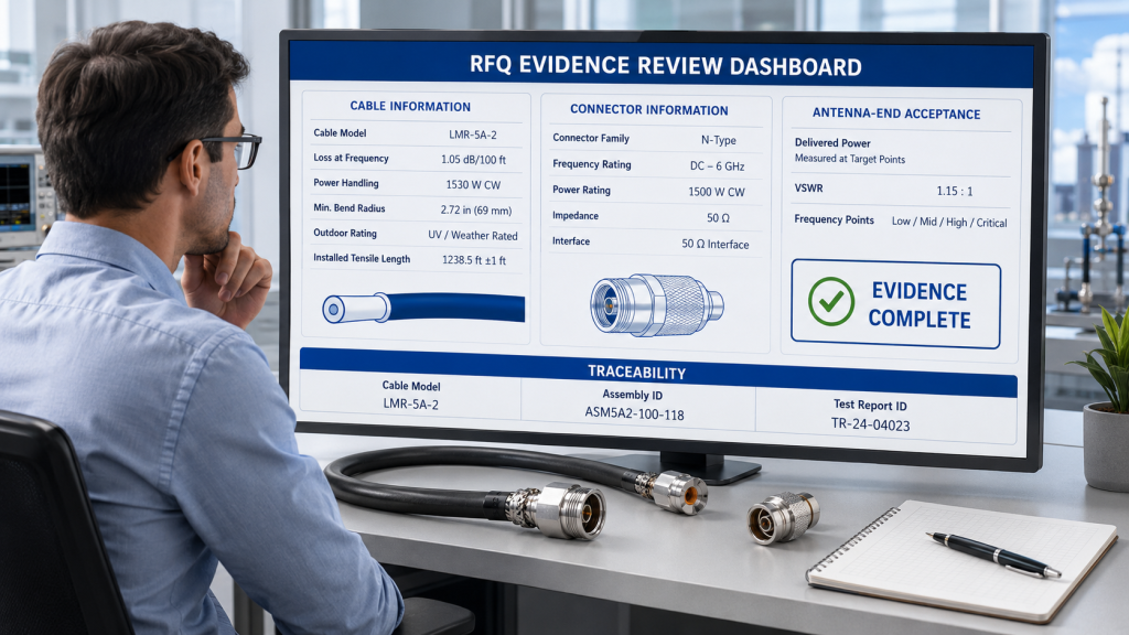 RF cable evidence review dashboard for cable grade, connector rating, antenna-end acceptance, and traceability
