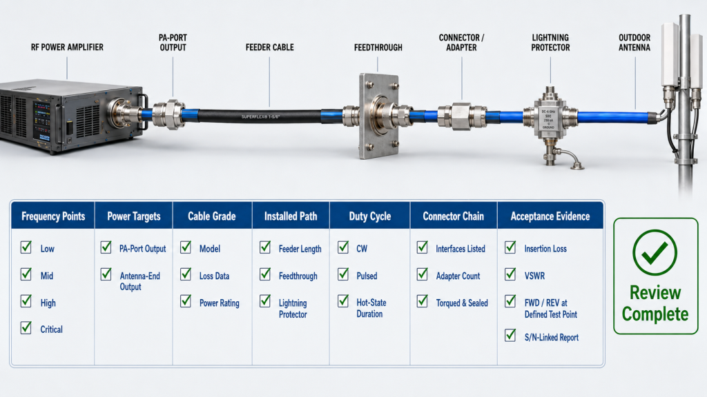 RF PA cable approval checklist covering frequency points, power targets, feeder path, connector chain, and test evidence