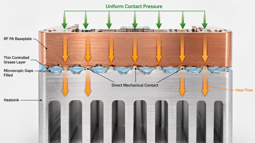 Controlled thin thermal grease layer filling microscopic gaps between an RF PA baseplate and heatsink