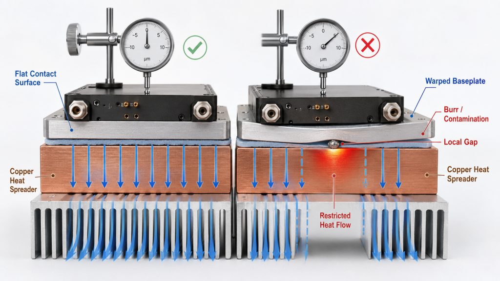 Comparison of a flat RF PA contact surface and a warped baseplate with contamination, a local gap, and restricted heat flow