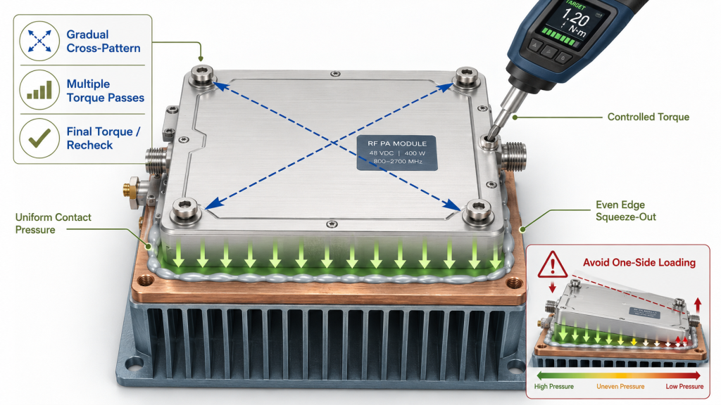 RF PA mounting diagram showing gradual cross-pattern tightening, multiple torque passes, and uniform contact pressure