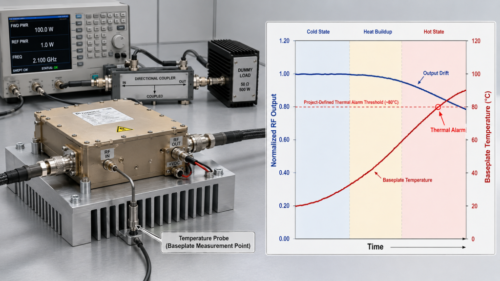 Hot-state RF PA test showing rising baseplate temperature, thermal alarm threshold, and RF output drift over time