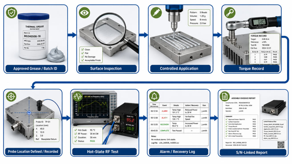RF PA thermal interface evidence workflow covering grease batch, surface inspection, torque record, hot-state RF test, and S/N-linked report