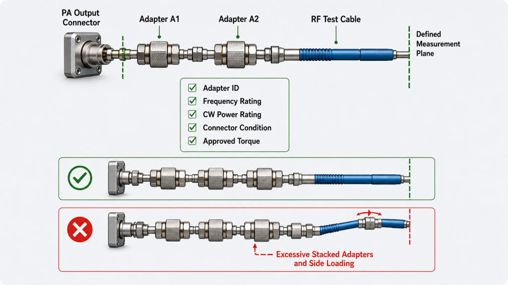 Controlled RF adapter chain with identified adapters, supported test cable, approved torque process, and defined measurement plane