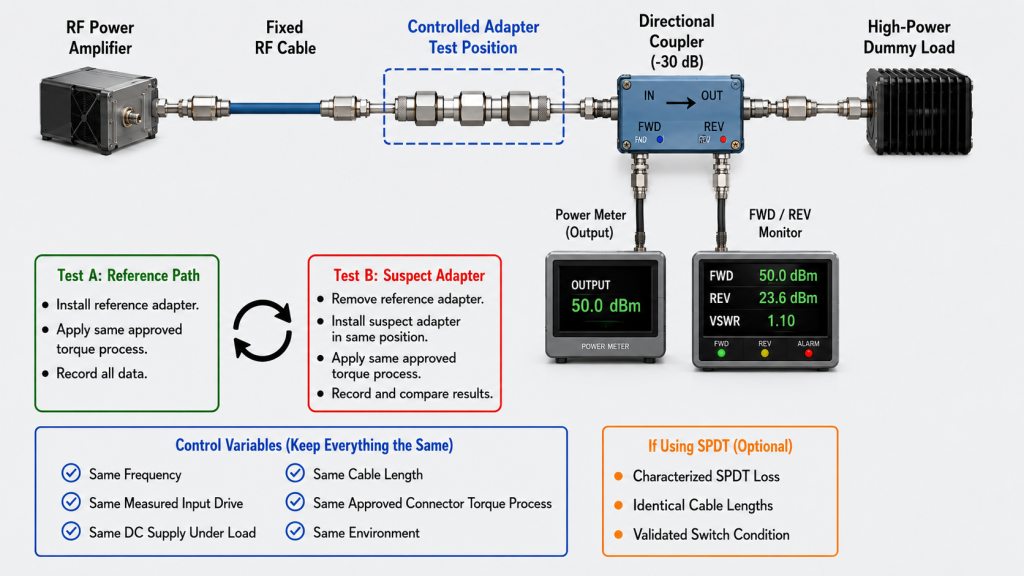 Controlled A/B test comparing a reference adapter with a suspect adapter under the same RF test conditions