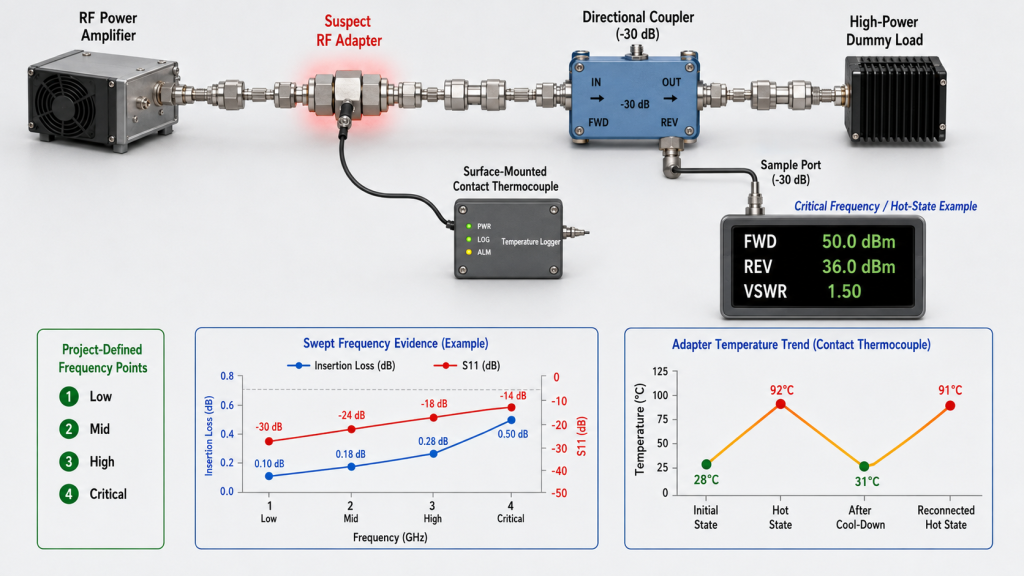 Full-power swept-frequency test showing adapter insertion loss, S11 degradation, and connector temperature rise